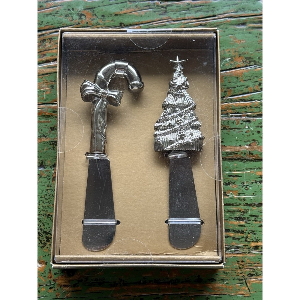 Pier 1 Imports Holiday Cheese Spreaders Knives Silver Christmas Tree Candy Cane